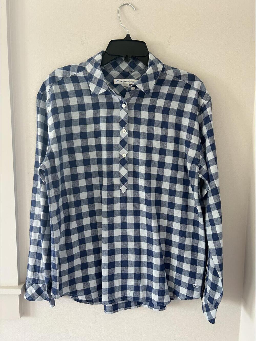 Souther Tide Blue Plaid Quarter Button Blouse Women’s Large New Without Tags